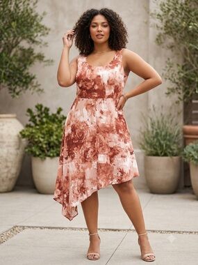 ME Makeover Essentials Rust and Blush Floral Asymmetrical Hem Dress